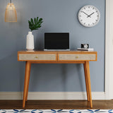 Longcoam Design Mid-Century Modern Solid Wood Desk with Drawers – 45 inch Small Boho Rattan Writing Desk for Home Office, Minimalist Design Natural Wood Table for Workspace Elegance Longcoam Design