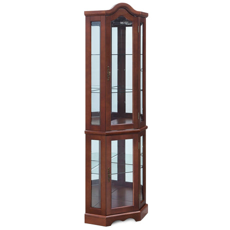 BELLEZE Lighted Corner Display Curved Top Curio Cabinet Wooden Shelving Unit with Tempered Glass Door, Bar and Liquor Storage Area with 5 Shelves - BELLEZE