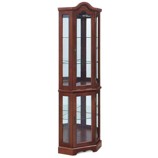 BELLEZE Lighted Corner Display Curved Top Curio Cabinet Wooden Shelving Unit with Tempered Glass Door, Bar and Liquor Storage Area with 5 Shelves -