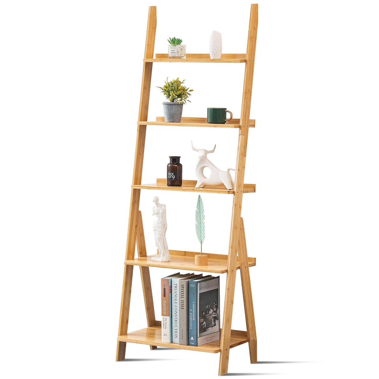 DOUSY- 5-Tier Bamboo Ladder Shelf Ladder Bookshelf Plant & Flower Stand Bookcase, Freestanding Storage Rack Organizer Display Shelf for Living Room, Home Office, Bedroom, Balcony, Natural Wood DOUSY