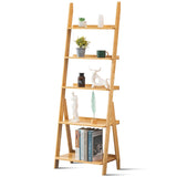 DOUSY- 5-Tier Bamboo Ladder Shelf Ladder Bookshelf Plant & Flower Stand Bookcase, Freestanding Storage Rack Organizer Display Shelf for Living Room, Home Office, Bedroom, Balcony, Natural Wood DOUSY
