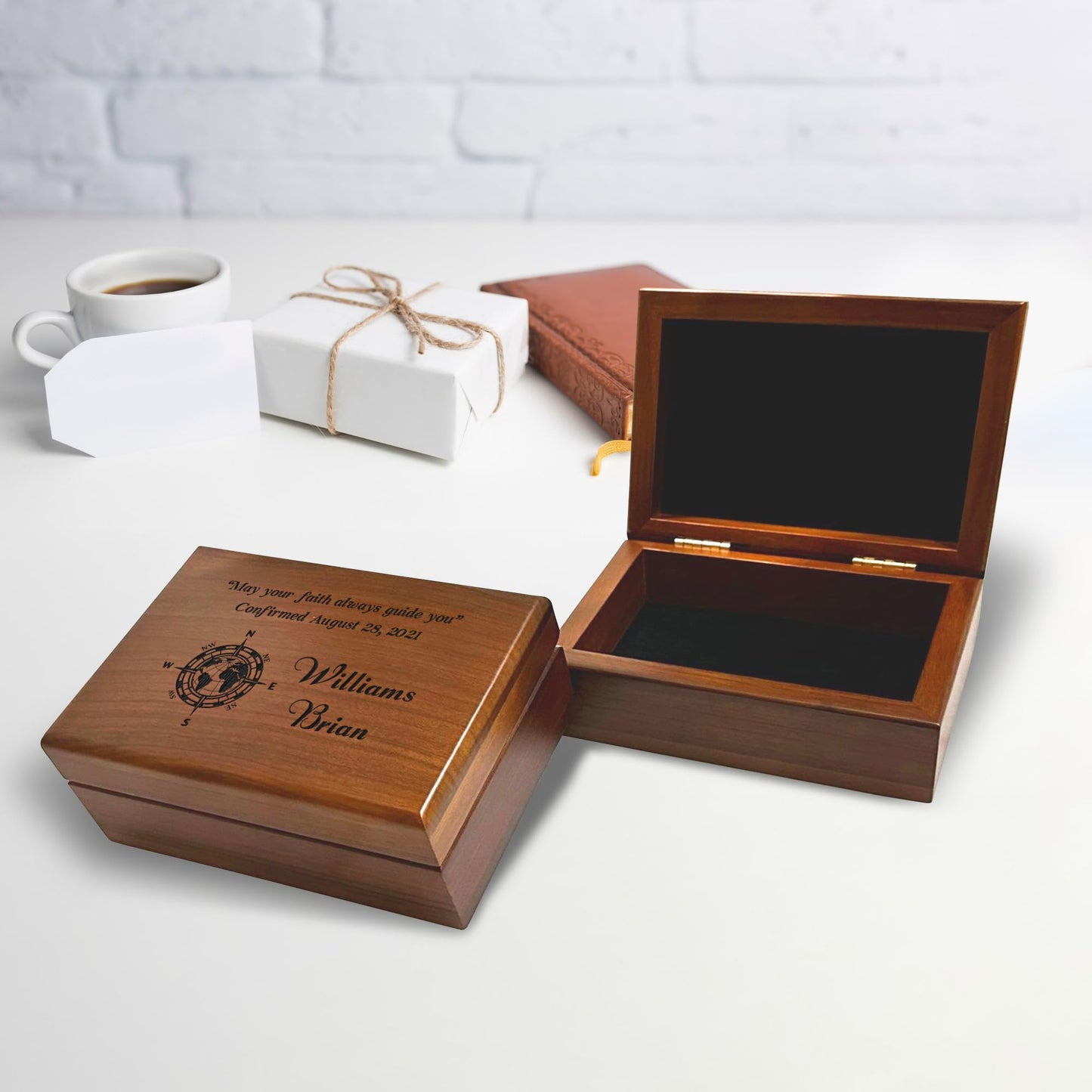 Engraved Confirmation Wooden Box, Compasses with Scripture for First Communion Keepsake Box, Baptism Gift for Godchild, Bible Verse Gift - WoodArtSupply