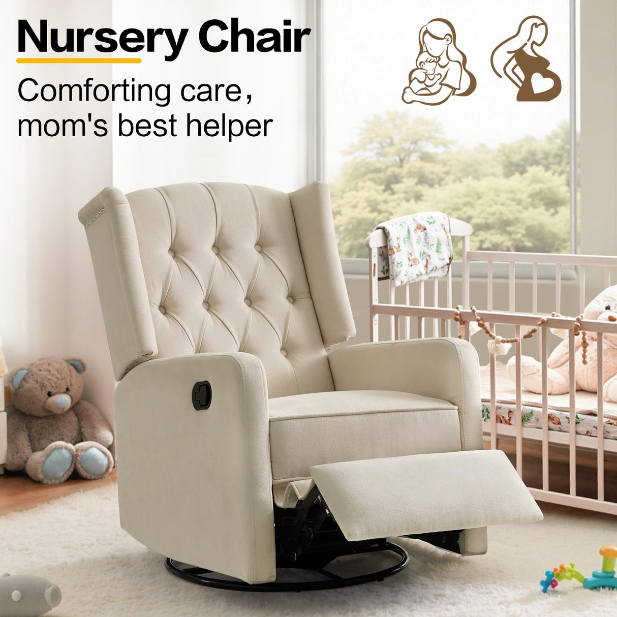 ABAKAN Swivel Rocker Recliner Chair, 360 Degree Nursery Rocking Recliner, Linen Glider Chair with Button Tufted Wingback Chair, for Living Room, Bedroom,Ash Beige ABAKAN