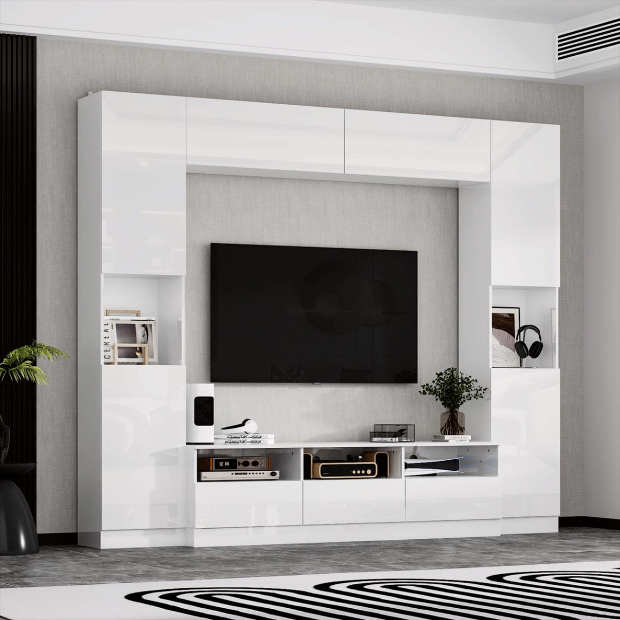 TAMUNE Large Entertainment Center with Bookshelves, High Gloss Wall Unit TV Stand, Modern Media Center with Shelves and Drawers, Doors, for Living Room White 11.8”D x 94.5”W x 78.7”H TAMUNE