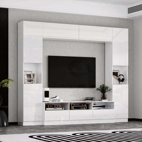 TAMUNE Large Entertainment Center with Bookshelves, High Gloss Wall Unit TV Stand, Modern Media Center with Shelves and Drawers, Doors, for Living Room White 11.8”D x 94.5”W x 78.7”H TAMUNE