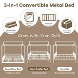 SOFTSEA 3-in-1 Convertible Twin Montessori Floor Bed, Twin Size Metal Canopy Bed with Metal Slats Support for Kids Teens, Adjustable Slats & Fence Guardrails, White SOFTSEA