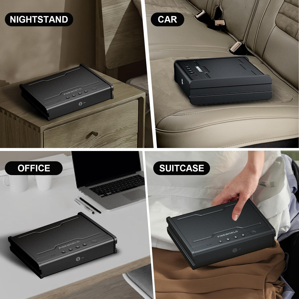 PINEWORLD Gun Safe For Handgun, Gun Case, Biometric Gun Safe For Car, Pistol Safes With Fingerprint|Passcode|Key Unlock, Full Voice Prompt Gun Lock Box with Cable, Charging Port PINEWORLD