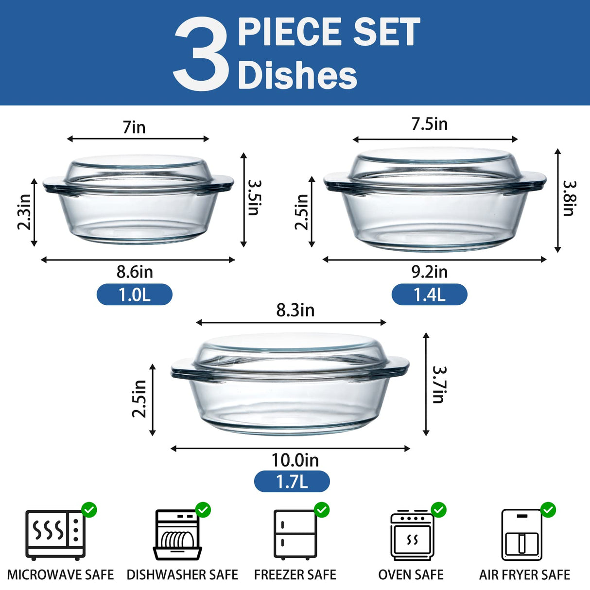 NUTRIUPS Round Glass Casserole Dish Set, Glass Casseroles Cookware with Glass Lid, Glass Casserole Dish With Lid(Set of 3-1L+1.4L+1.7L) NUTRIUPS