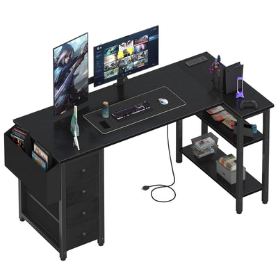 Lufeiya L Shaped Gaming Desk with Drawers & Storage Shelves, 55 Inch Corner Computer Desk with Power Outlet for Home Office Bedroom, L-Shaped Teen PC Desks with Fabric Drawer, Black