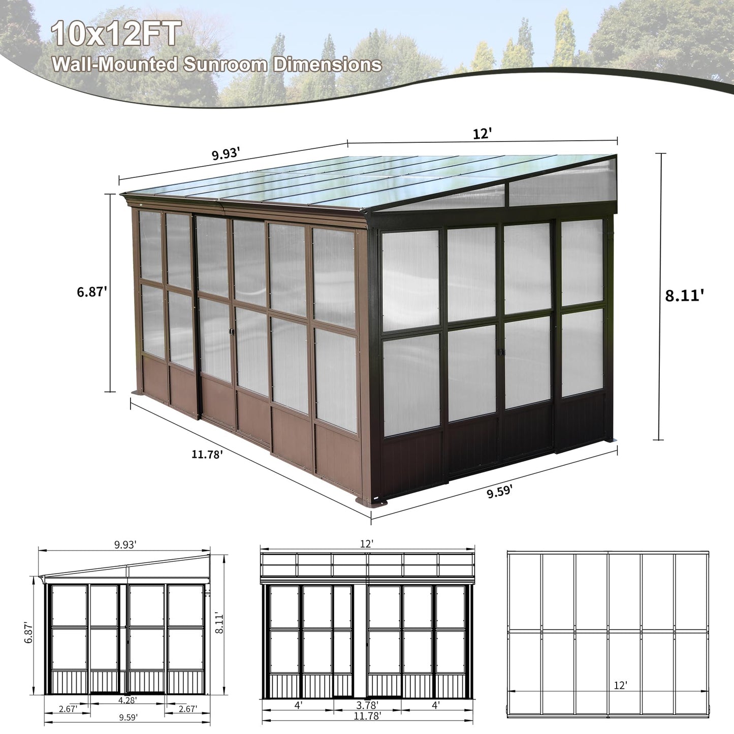 Domi Lean-to Sunroom 10x12FT, Wall Mounted Solarium with Sloping Polycarbonate Roof, Detachable Polycarbonate Screens, 2 Lockable Sliding Doors, Aluminum Gazebo Against Wall Sun Room for Pati - WoodArtSupply