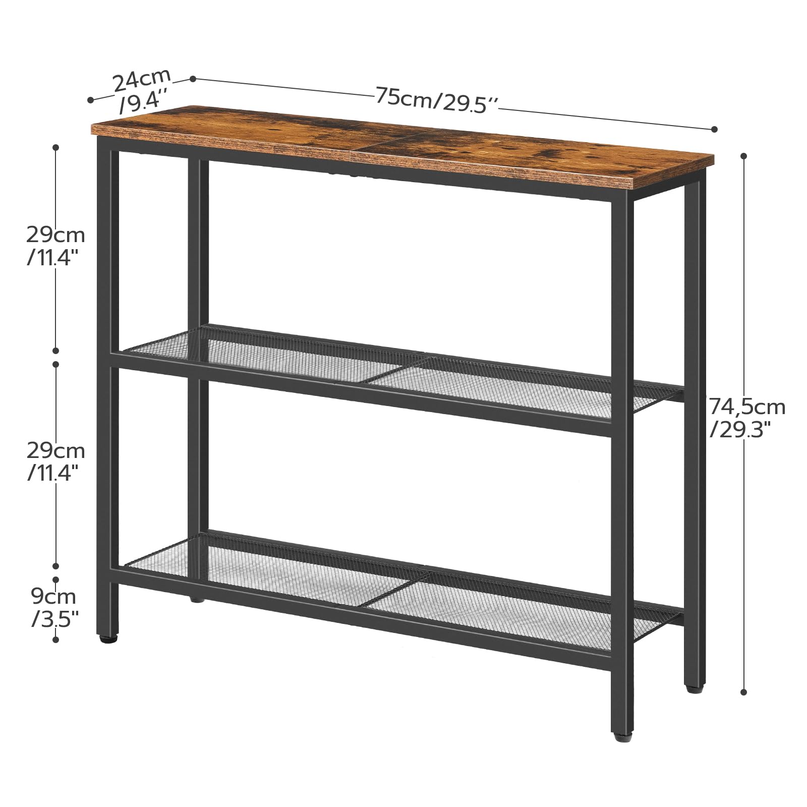 HOOBRO 29.5" Narrow Console Table, 3-Tier Entryway Table, Thin Sofa Table with Shelves, Side Table, Display Table, for Hallway, Entrance, Living Room, Bedroom, Rustic Brown and Black BF73XG01 - WoodArtSupply