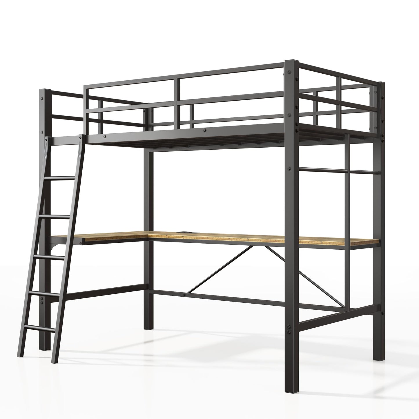 soges Metal Loft Bed Twin Size with Desk, Heavy Duty Twin Bed Frame with Ladder & Guardrail, Loft Bed for Juniors Teens Adullts, Noise-Free, Space-Saving, No Box Spring Needed, Black