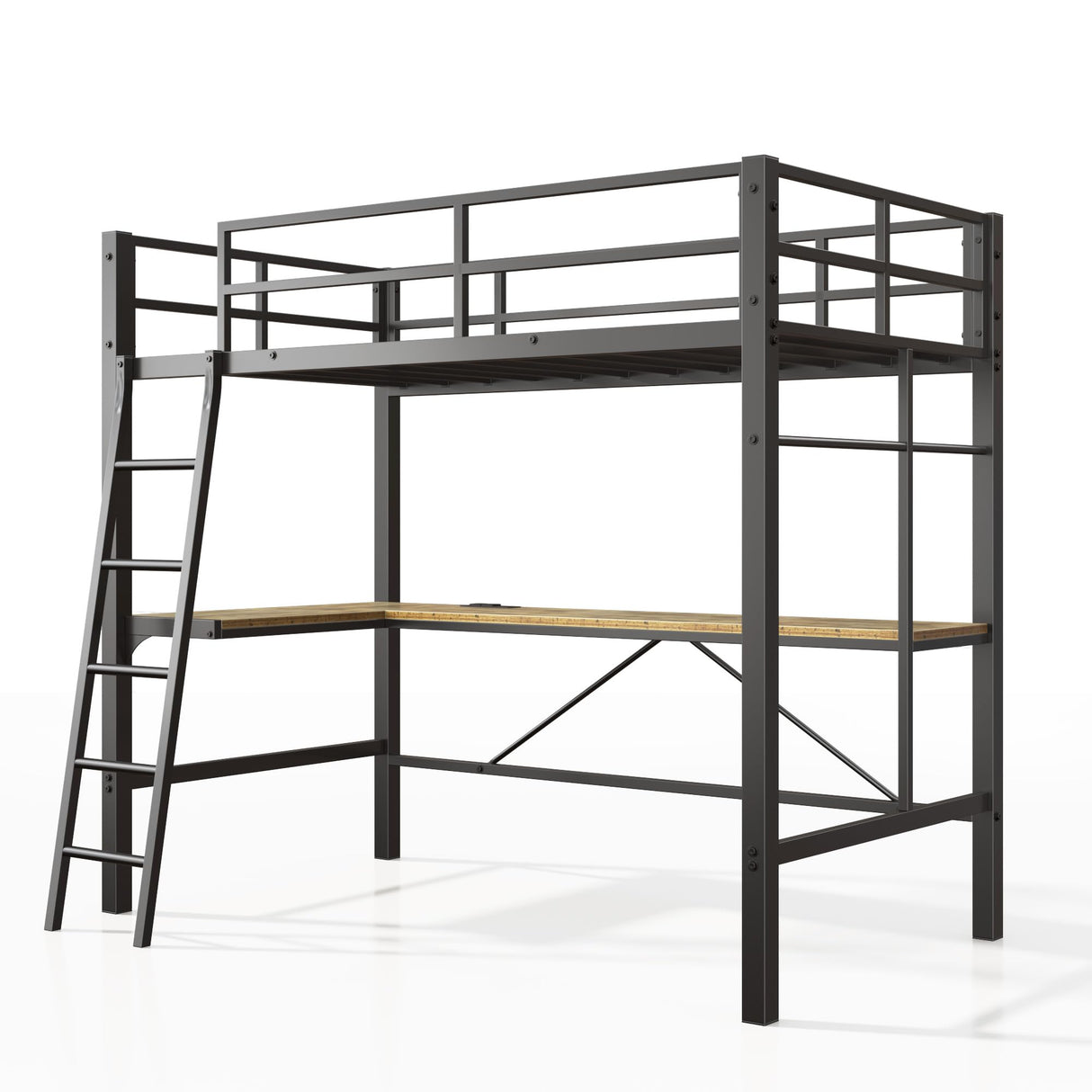 SogesSleep Loft Bed Twin Size with L-Shaped Desk, Heavy Duty Metal Twin Loft Bed with Charging Station, Safety Guard & Ladder, Space-Saving, No Box Spring Needed SogesSleep
