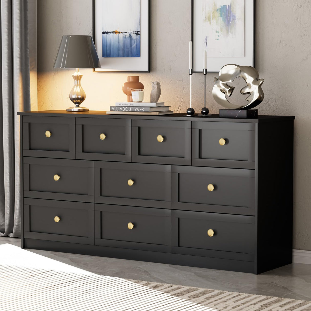 ROMMAK 10 Drawer Double Dresser for Bedroom, 59.1" Wide Dressers & Chests of Drawers with Large Capacity Storage,Black Dresser for Bedroom, Hallway,Black ROMMAK