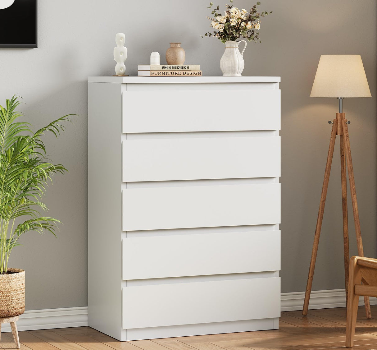 Jocoevol Modern White 5 Drawer Dresser for Bedroom, 15" D x 23.7" W x 40.4" H in Simply Chest of Drawers, Wood Storage Dresser with Deep Drawers for Living Room Hallway Entryway, White Jocoevol