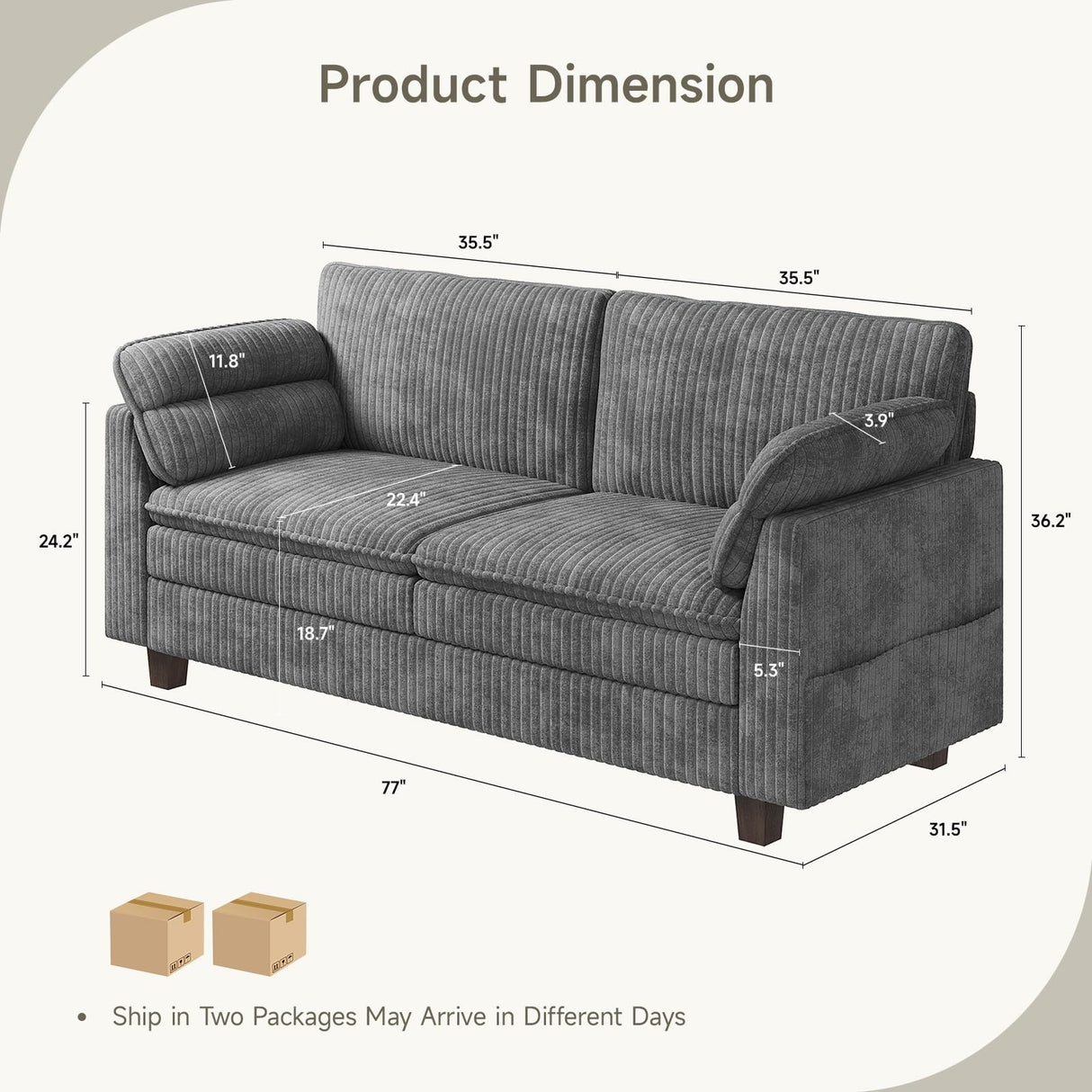 ONBRILL 77" Modern Loveseat Sofas for Living Room,Comfy Cloud Couch with Deep Seats,Solid Wood Frame,Corduroy Fabric Couches for Living Room,Bedroom and Small Spaces ONBRILL