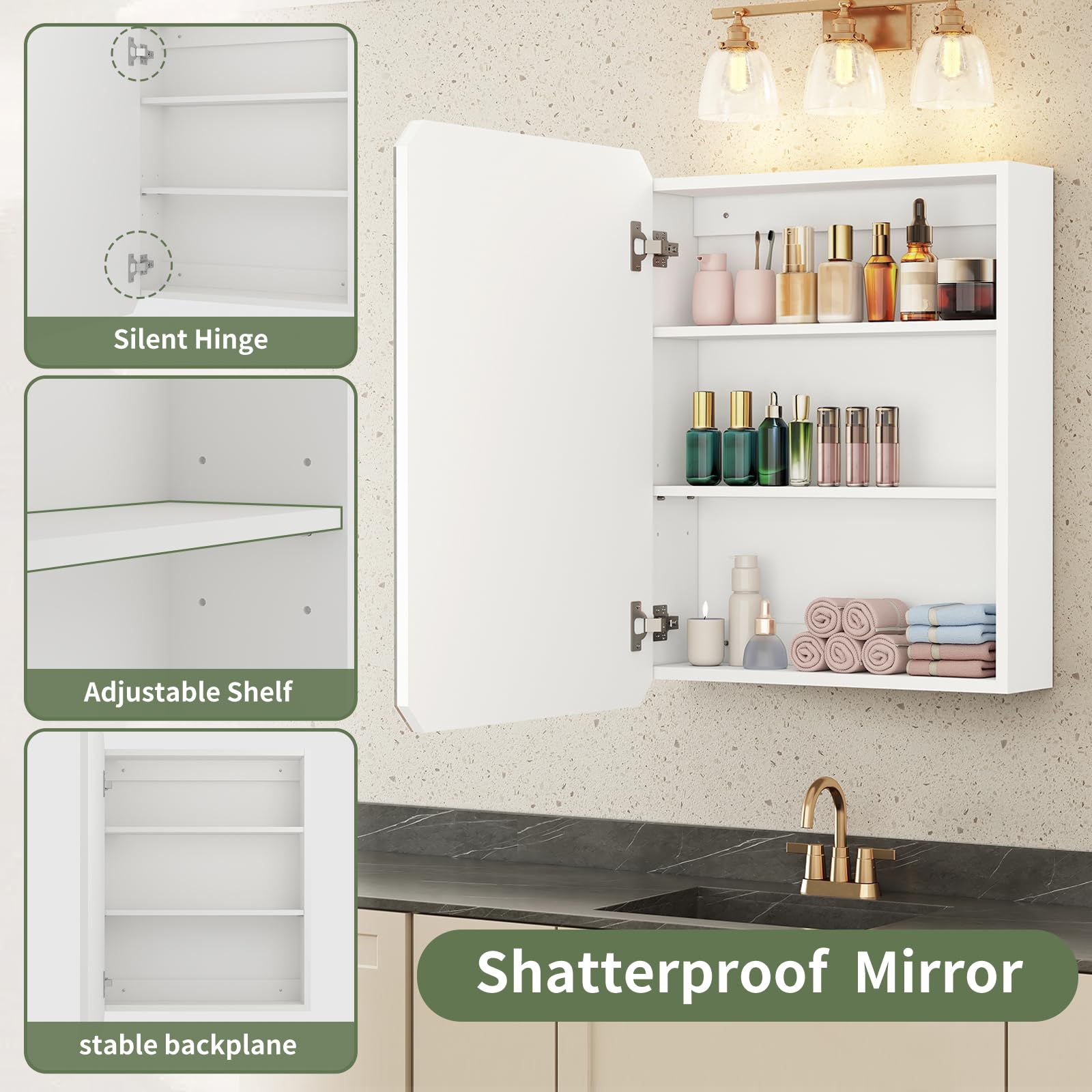 SOOWERY Medicine Cabinet Mirror 19.6" W x 26" H Bathroom Mirror with Storage Wall Mounted Medicine Mirror Cabinet Wood Organizer with Single Door Farmhouse Bathroom Storage Cabinet - WoodArtSupply