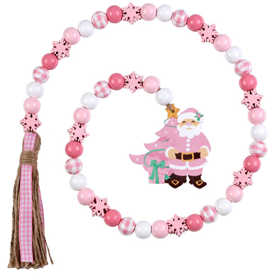 JOYMEMO Pink Christmas Wood Bead Garland with Tassels, Wooden Snowflake Checkered Beads Strands for Xmas Winter Holiday New Year Party, Boho Tree Home Hanging Ornaments Decor Supplies Outdoor Indoor