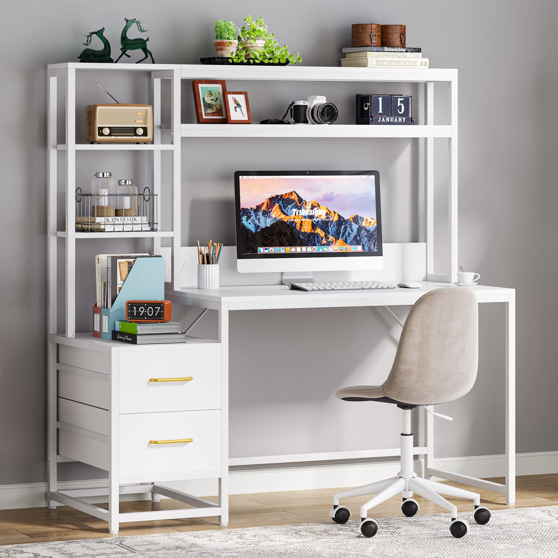 Tribesigns 55 Inch Computer Desk with 2 Drawers and Storage Shelves, Wihite Office Desk with Hutch, Modern Study Writing Gaming Table Laptop Workstation for Home Office (White) - WoodArtSupply