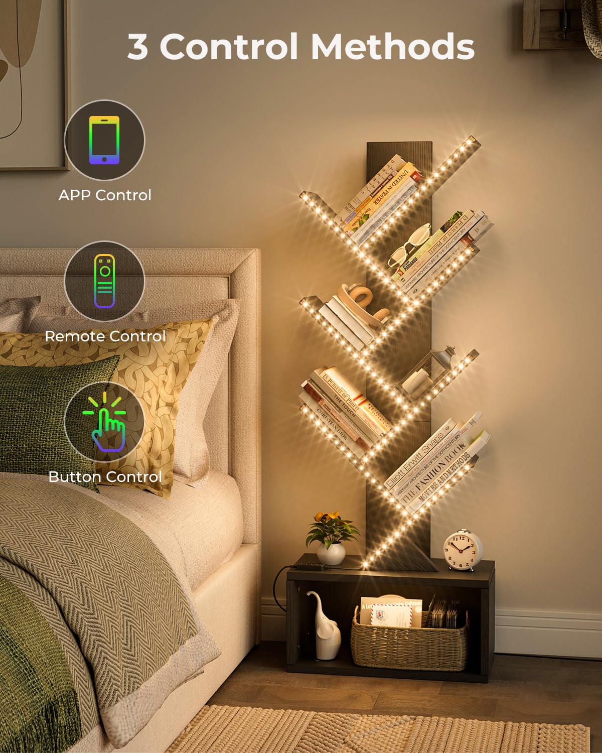 Evermagin 6 Tier Tree Bookshelf with LED Light, Vertical Bookcase Tower with Remote App Control, Music Sync Color Changing Floor Standing Book Shelf, Black Evermagin