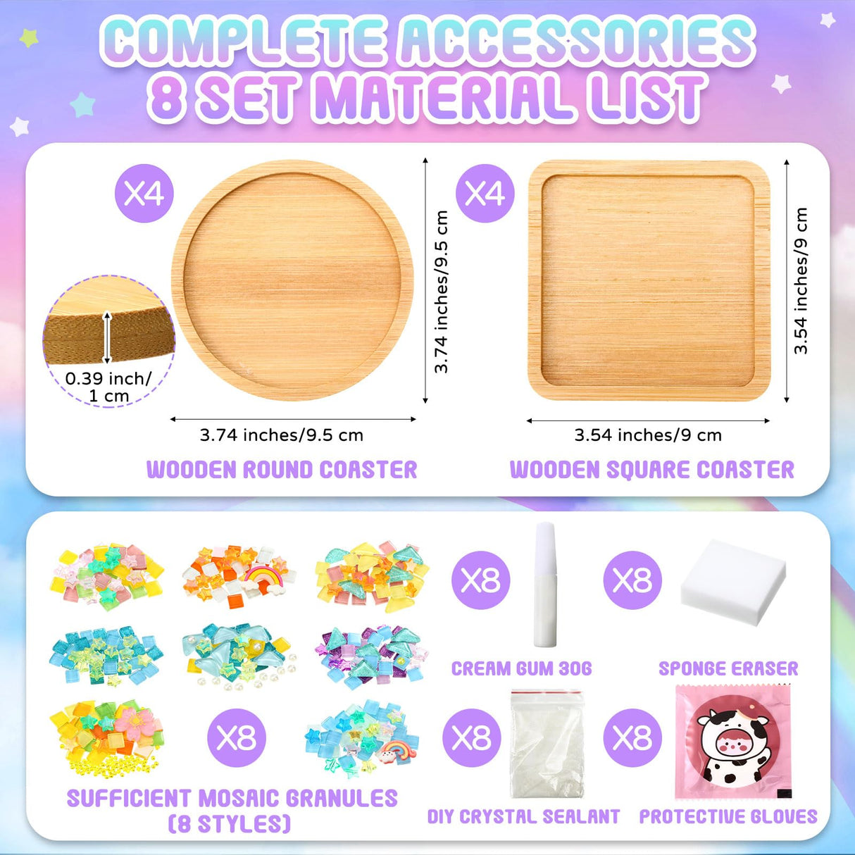 Reallnaive DIY Glass Mosaic Tiles for Crafts, Mixed Color Mosaic Kits with Wooden Coaster Adults DIY Kit for Coaster Handmade Home Gifts(Rainbow Style,8 Sets) Reallnaive