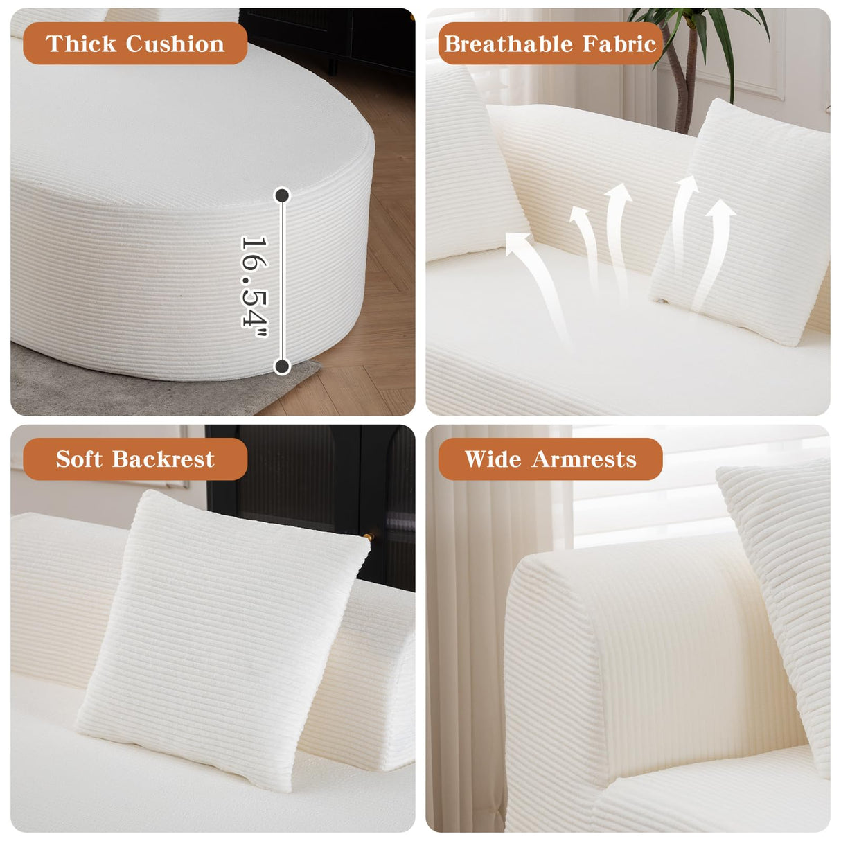 ClinQ 132-Inch Modern Style Curved Sofa, Upholstery Corduroy Sofa Couch with 3 Pillows, White ClinQ