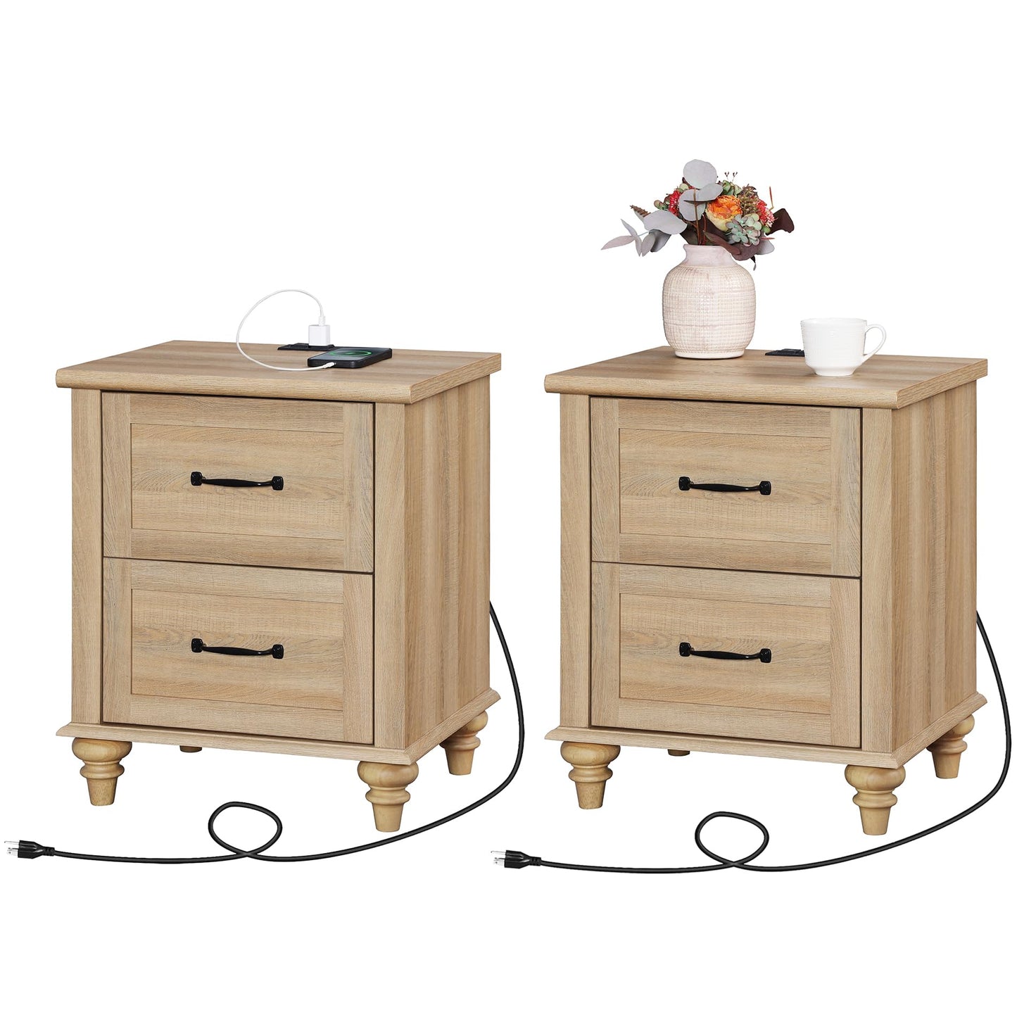 WAMPAT Nightstands with Charging Station Set of 2, 20 Inch Night Stand with 2 Drawers, Wooden Rustic Bedside Table End Tables with Solid Wood Legs for Bedroom & Living Room, Natural Oak - WoodArtSupply