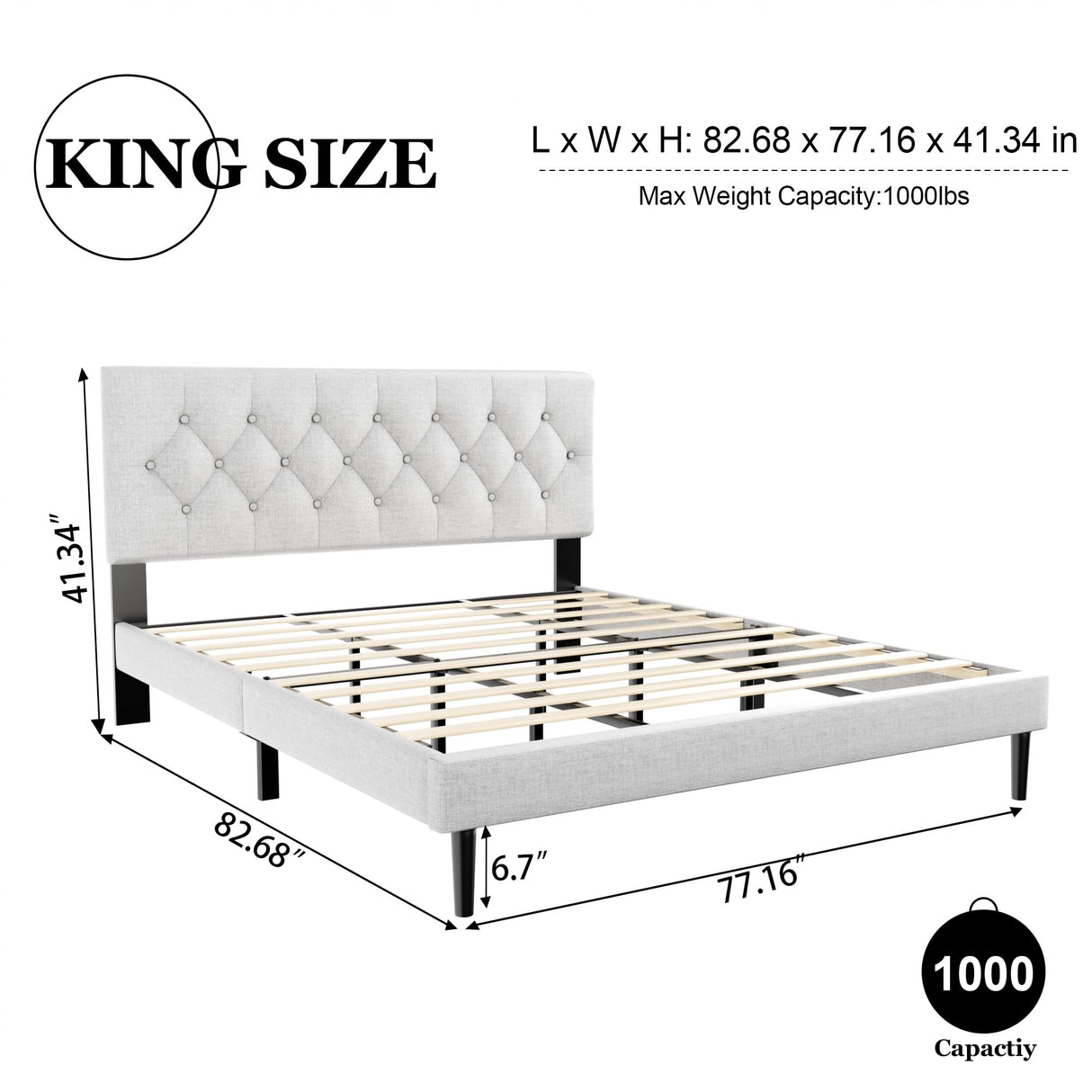 HAOARA King Size Platform Bed Frame with Upholstered Button Tufted Headboard, Mattress Foundation with Wooden Slat Support, Noise Free, No Box Spring Needed, Easy Assembly, Light Grey HAOARA