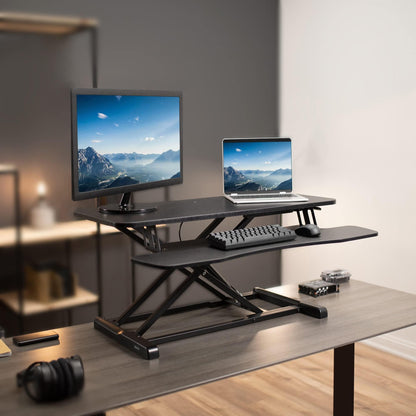 VIVO 36 inch Desk Converter, K Series, Height Adjustable Sit to Stand Riser, Dual Monitor and Laptop Workstation with Wide Keyboard Tray, Black, DESK-V036KB