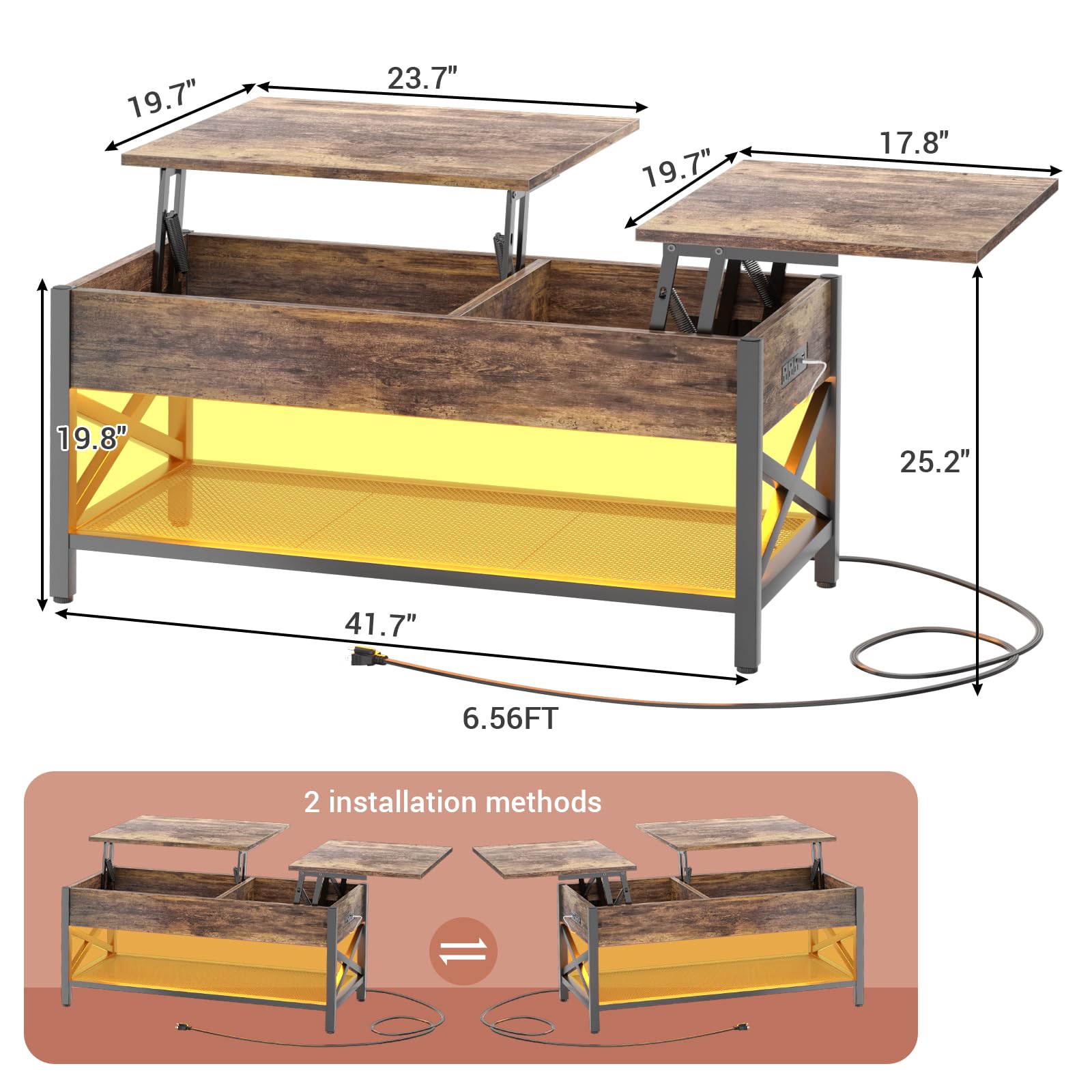 Besiost Coffee Table, Lift Top Coffee Table with Storage, LED Light & Power Outlet and Hidden Compartment, Retro Center Table for Living Room, X Support Wood Tabletop, Metal Frame, Rustic Bro - WoodArtSupply