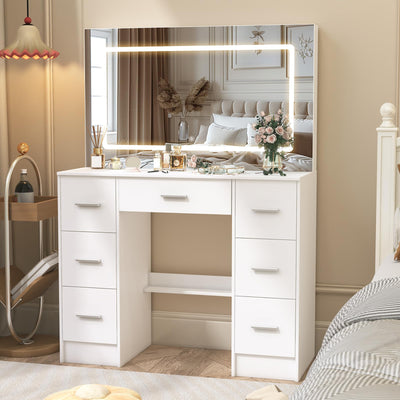 Vanity Desk with Mirror and LED Lights, 40" W Makeup Vanity Desk with 7 Drawers and Super Large Mirror, Derssing Table with 3 Color Modes and Adjustable Brightness, Modern Makeup Table