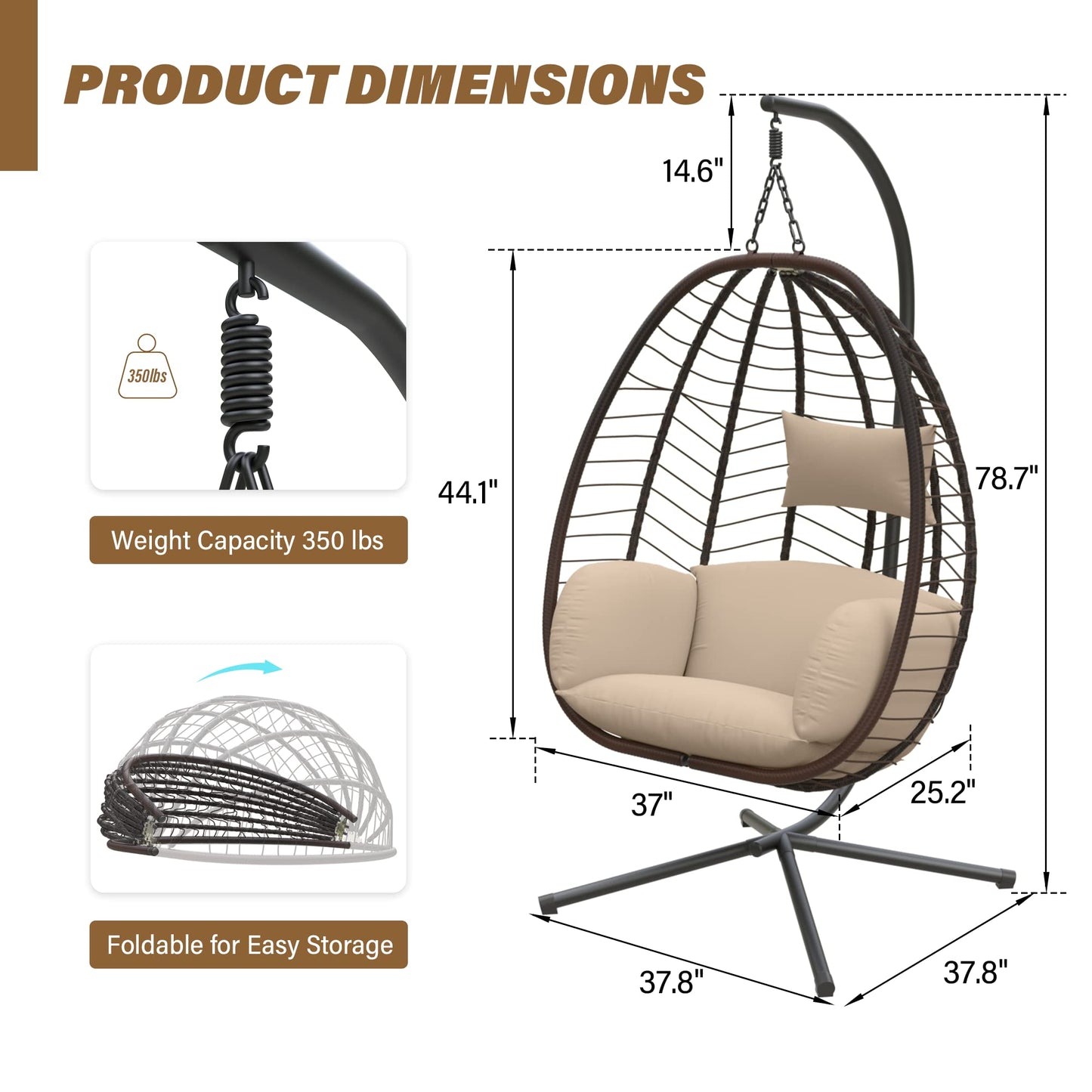 ALAULM Egg Swing Chair Outdoor Indoor Wicker Rattan Hanging Chair with Stand 350lbs Capacity w/Strong Frame & UV Resistant Cushions for Patio Balcony Bedroom (Brown)