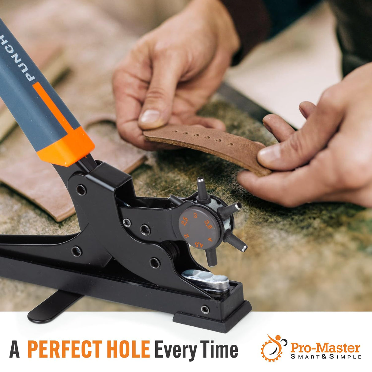 Desktop Leather Belt Hole Puncher Tool - Easier to Use Tabletop Design for Watch Band, Handbag Strap. Heavy Duty Carbon Steel, Precision 6 Sizes Hole Punch for Fabric, Crafts, Easy DIY PRO-MASTER SMART & SIMPLE