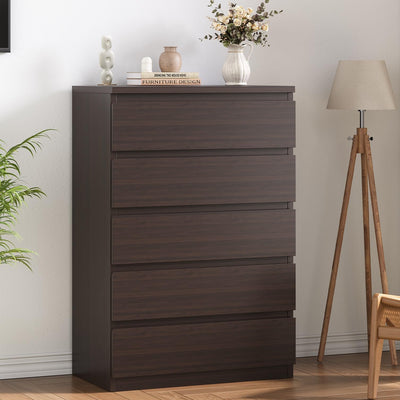Jocoevol Modern Brown 5 Drawer Dresser for Bedroom, Simply Chest of Drawers, Wood Storage Dresser with Deep Drawers for Living Room Hallway Entryway, Brown