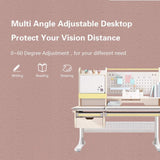 FCD Kids Desk and Chair, Wood Ergonomic Adjustable Multi Function Study Desk and Chair Set, Drafting Table and Computer Station with Tilt Desktop, Tablet Holder, Storage Cabinet and Drawers FCD