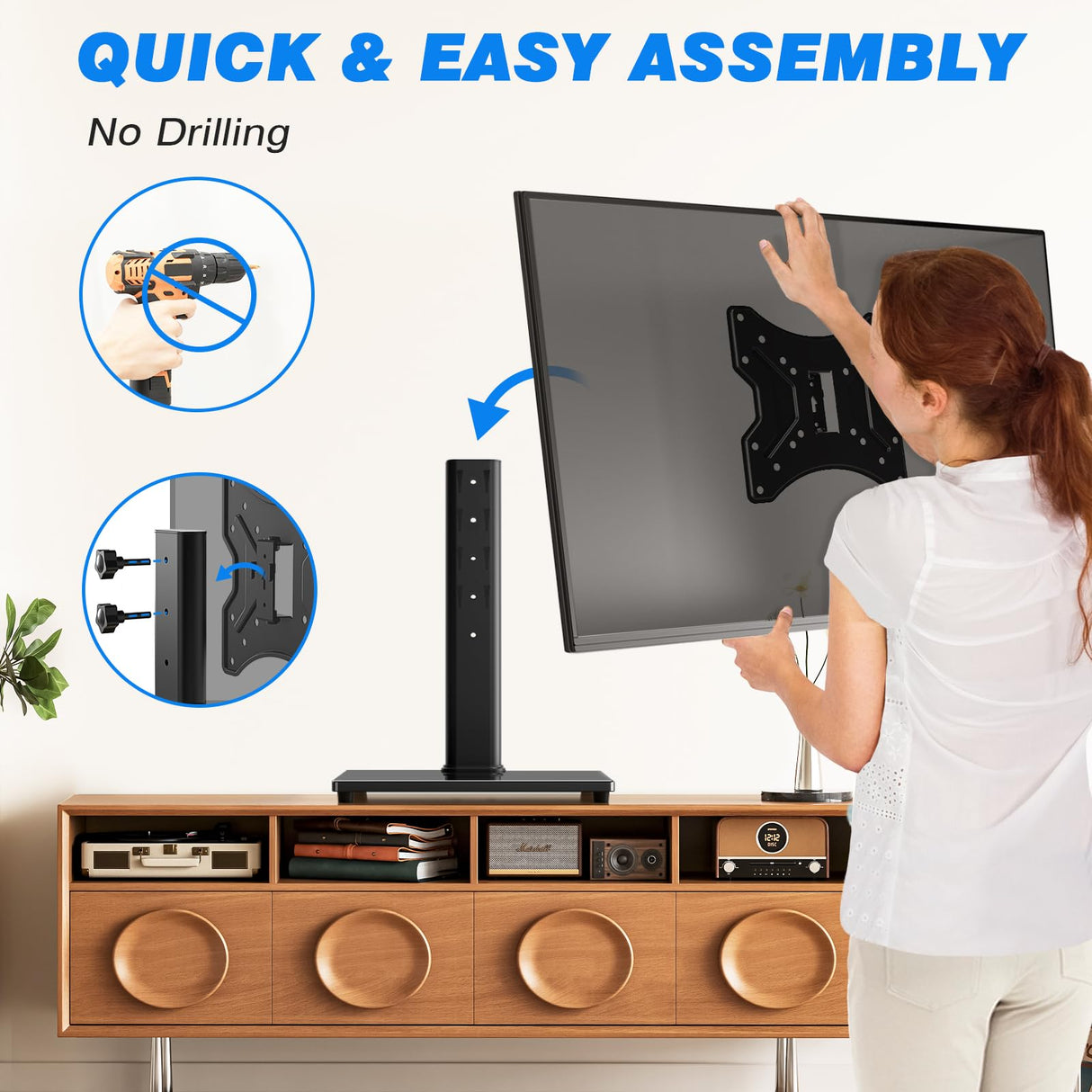 Rfiver Universal Swivel Tabletop TV Stand for Flat Screens 23 24 26 32 39 40 42 43 Inch, Heavy Duty Center Pedestal Stand Replacement with Black Tempered Glass Base and Height Adjustable Mount Rfiver