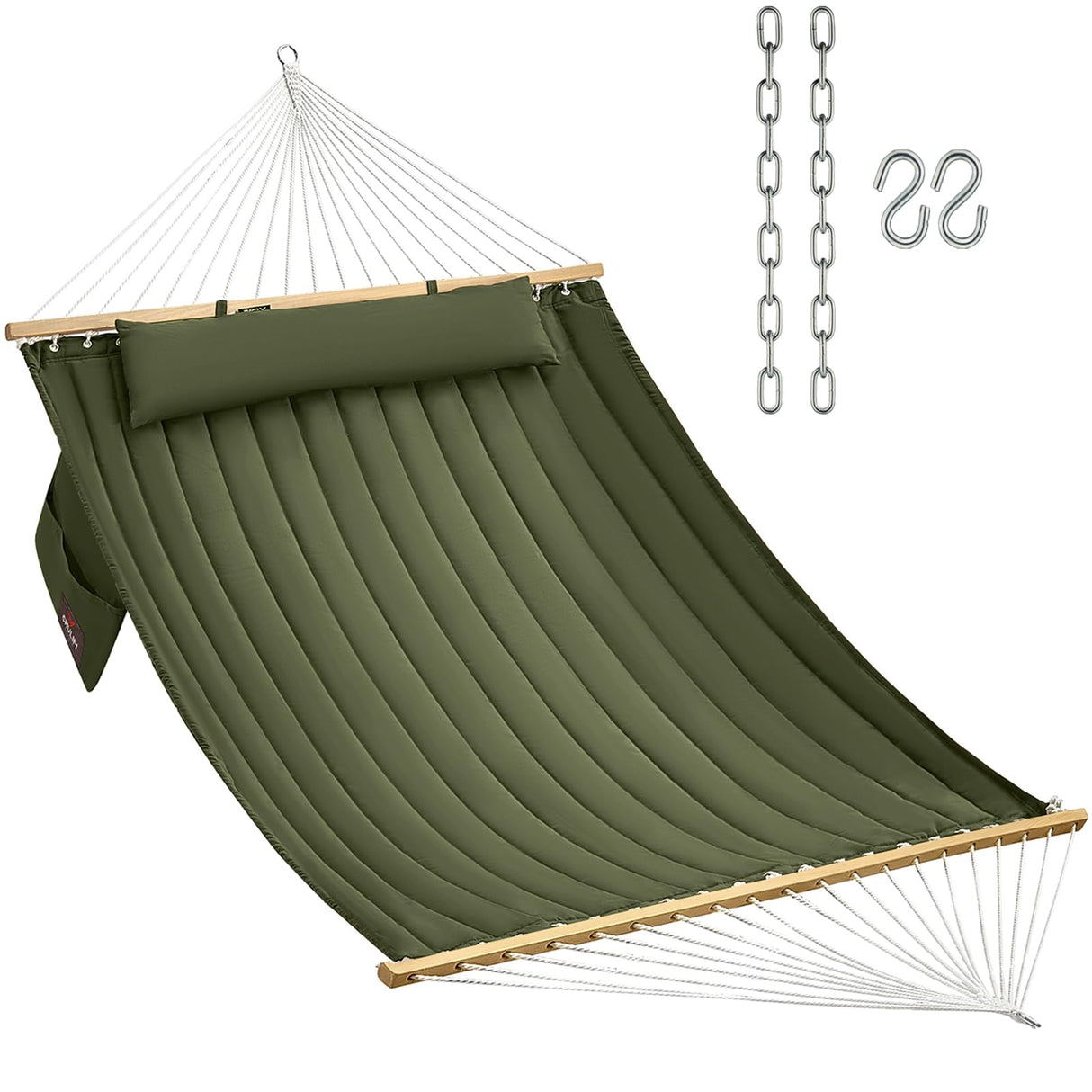 CHULIM Double Quilted Fabric Hammock with Hardwood Spreader Bars and Pillow 450 LBS Capacity 2 Person Hammock Large Hammock for Outdoor Patio Backyard Poolside - Green CHULIM
