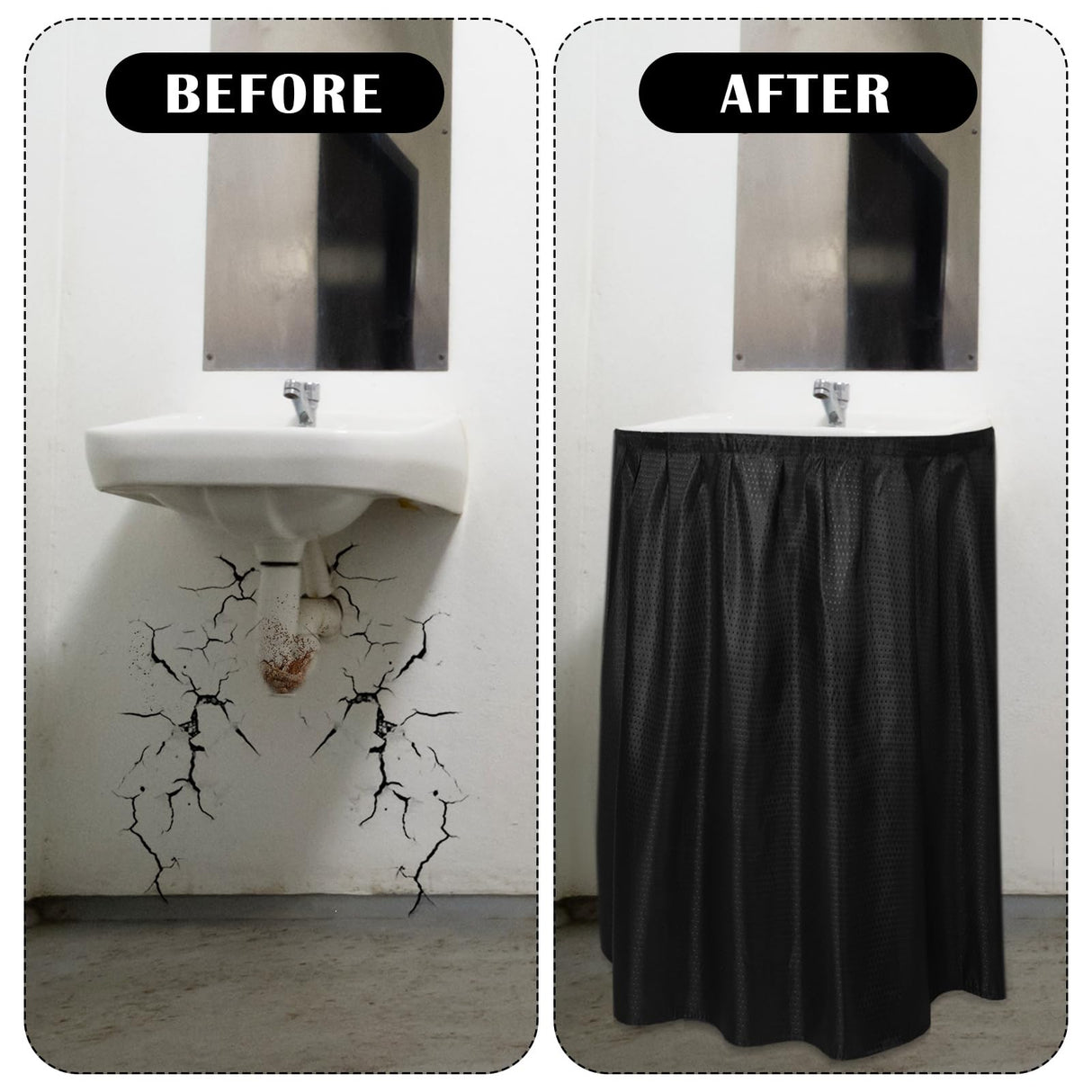 Windkream Fabric Sink Skirt Diamond Bathroom Stitch Self Stick Adhesive Waterproof Fabric Under Sink Curtain Skirt 55 x 32 Inch Adds Bathroom Storage(Black,Classic Style) Windkream