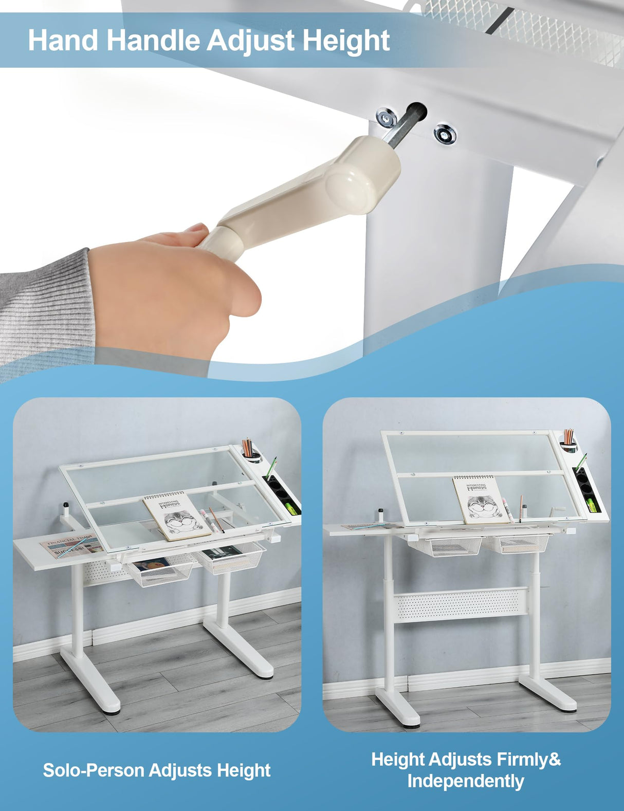 Hand Adjustable Height Drafting Table Artist Drawing Table Multifunctional Art Craft Artists Desk Tilting Glass Tabletop Glass Topped Art Desk Work Station With Stool and Chair for Home Office White CuisinSmart