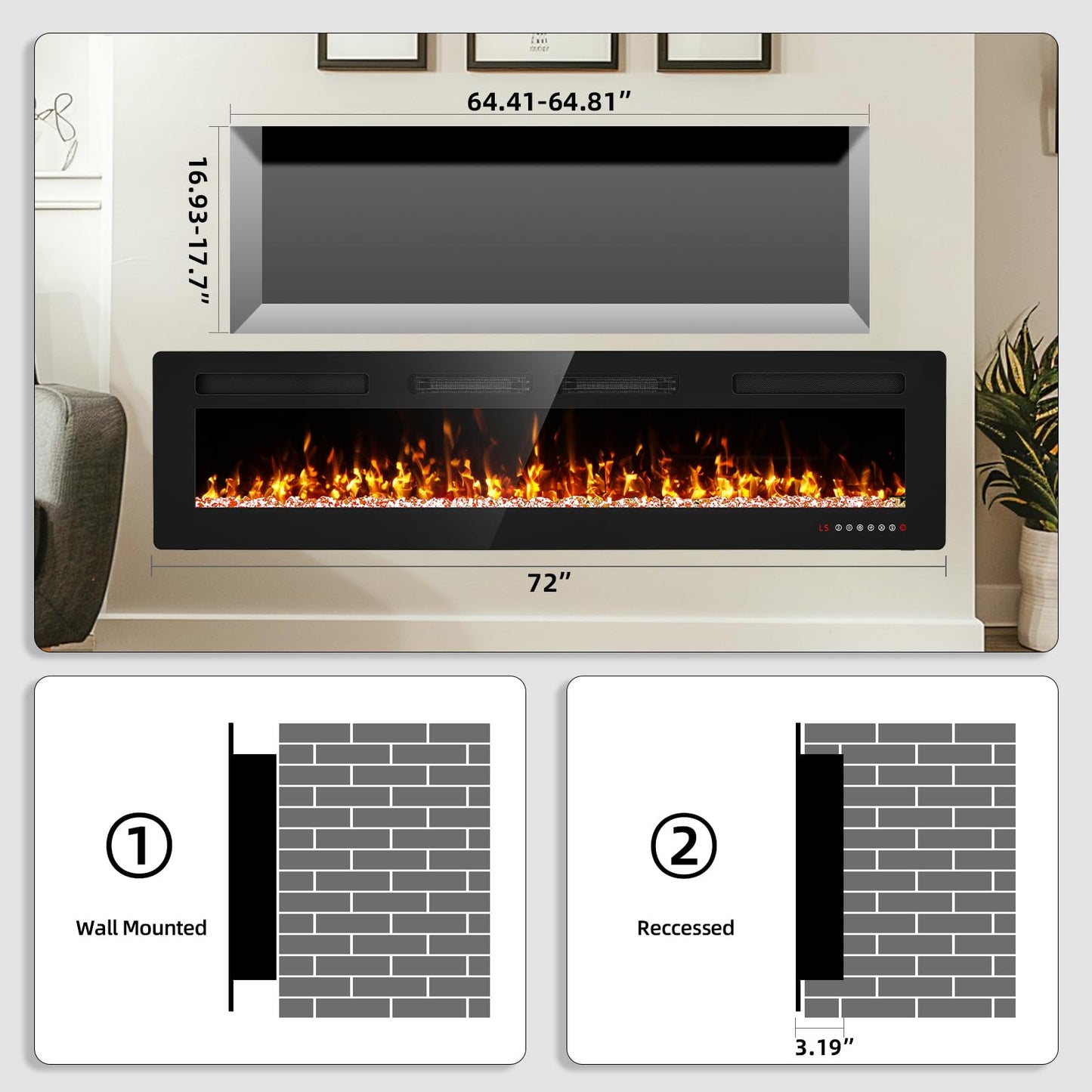 72 inch Electric Fireplace Inserts and Wall Mounted with Remote Control & Touch Screen 1500W Fireplace Heater with Timer