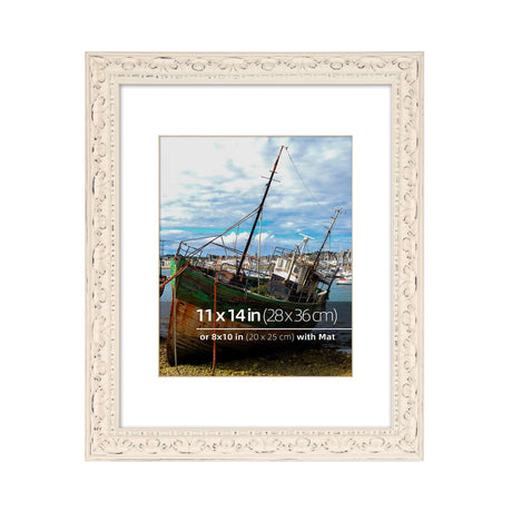 WYNCO 11x14 in Distressed Wood Off-white Vintage Antique Farmhouse Picture Frame, Museum Grade Off White Mat 8x10, UV Filtering Glass Protection, Wall Hanging Photo Display, Washed White WYNCO