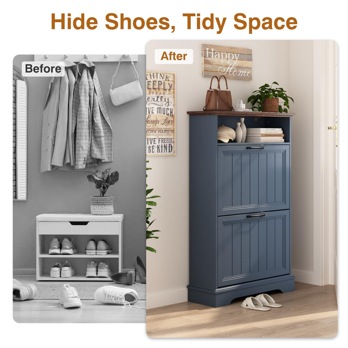 Shoe Storage Cabinet with 2 Flip Drawers, 24" W Farmhouse Modern Hidden Shoes Rack Cabinet with Adjustable Shelves & Open Storage, Narrow Slim Shoe Organizer for Front Door Entrance, Entryway, Blue WINWY