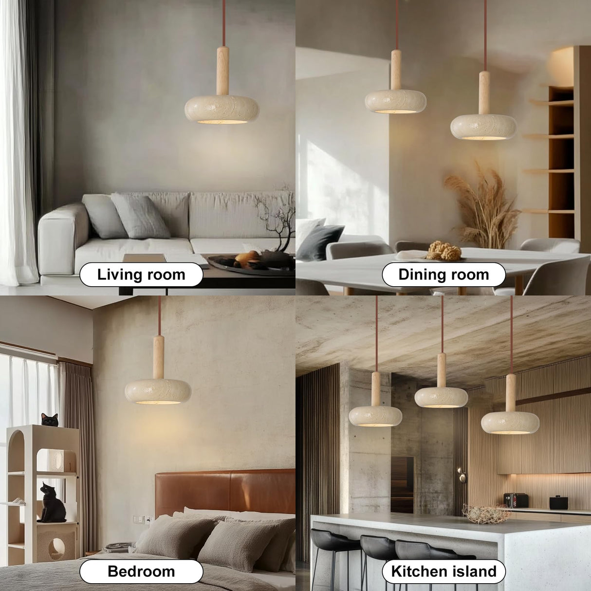 JIANTLAIUS 2PCS Japanese Wabi-sabi Style Pendant Light Round Natural Stone Shade Nordic Wood Chandelier Bedroom Bedside Light 12W for Living Dining Room Table Ceiling Hanging Lamp JIANTLAIUS