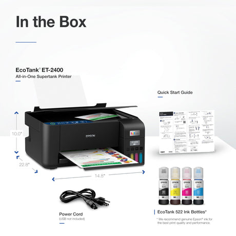 Epson EcoTank ET-2400 Wireless Color All-in-One Cartridge-Free Supertank Printer with Scan and Copy – Easy, Everyday Home Printing, Black Epson