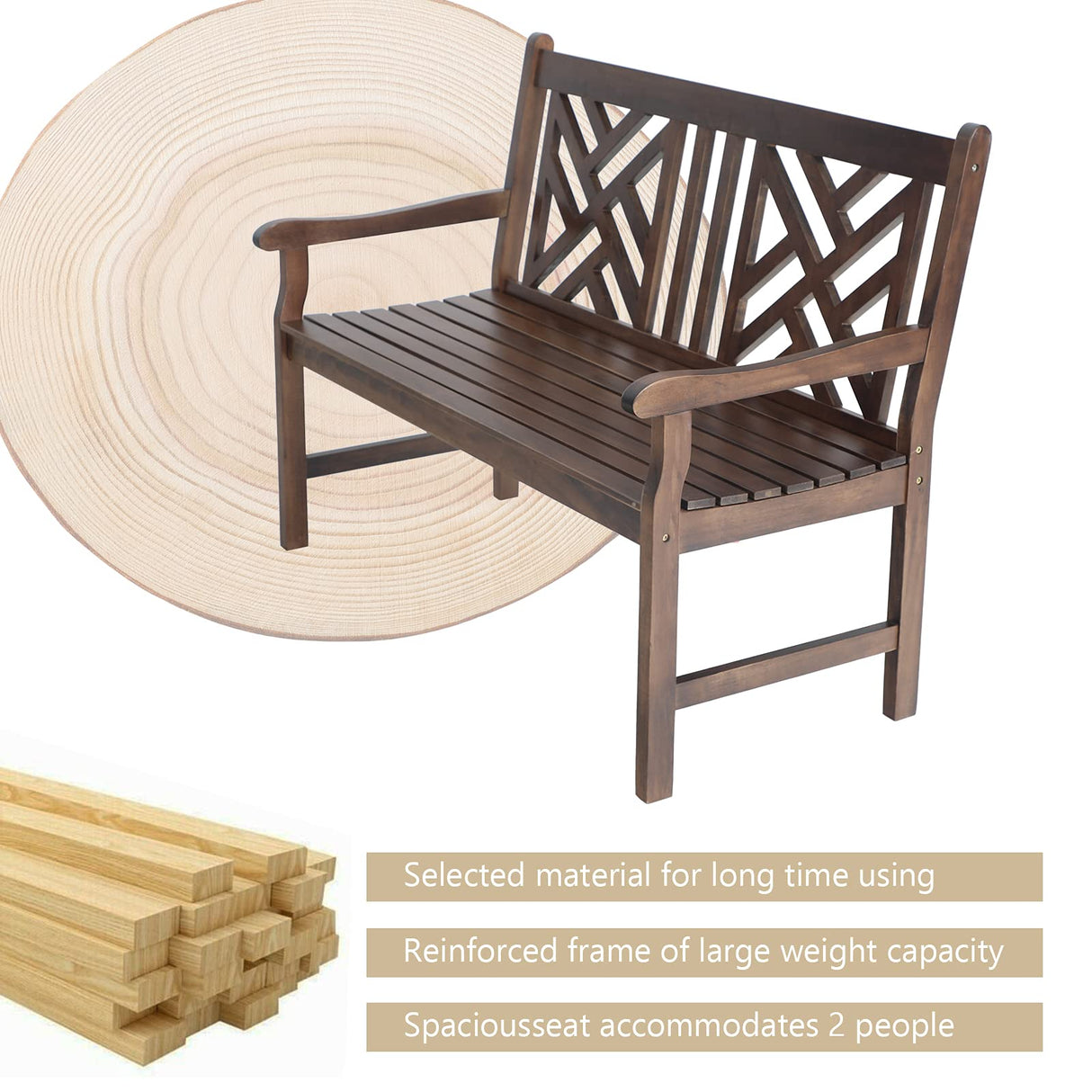 MFSTUDIO 2-Person Outdoor Acacia Wood Garden Bench with Backrest and Armrests, Durable Slatted Seat for Patio, Porch, and Yard - Brown MFSTUDIO