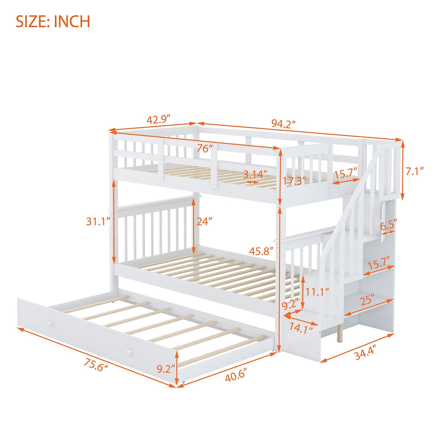 Harper & Bright Designs Twin Bunk Bed with Trundle Bed and Storage Shelf, Twin Over Twin Bunk Bed with Stairs and Guard Rail, Wood Bunk Bed Frame for Kids, Teens, Adults (Twin, White)