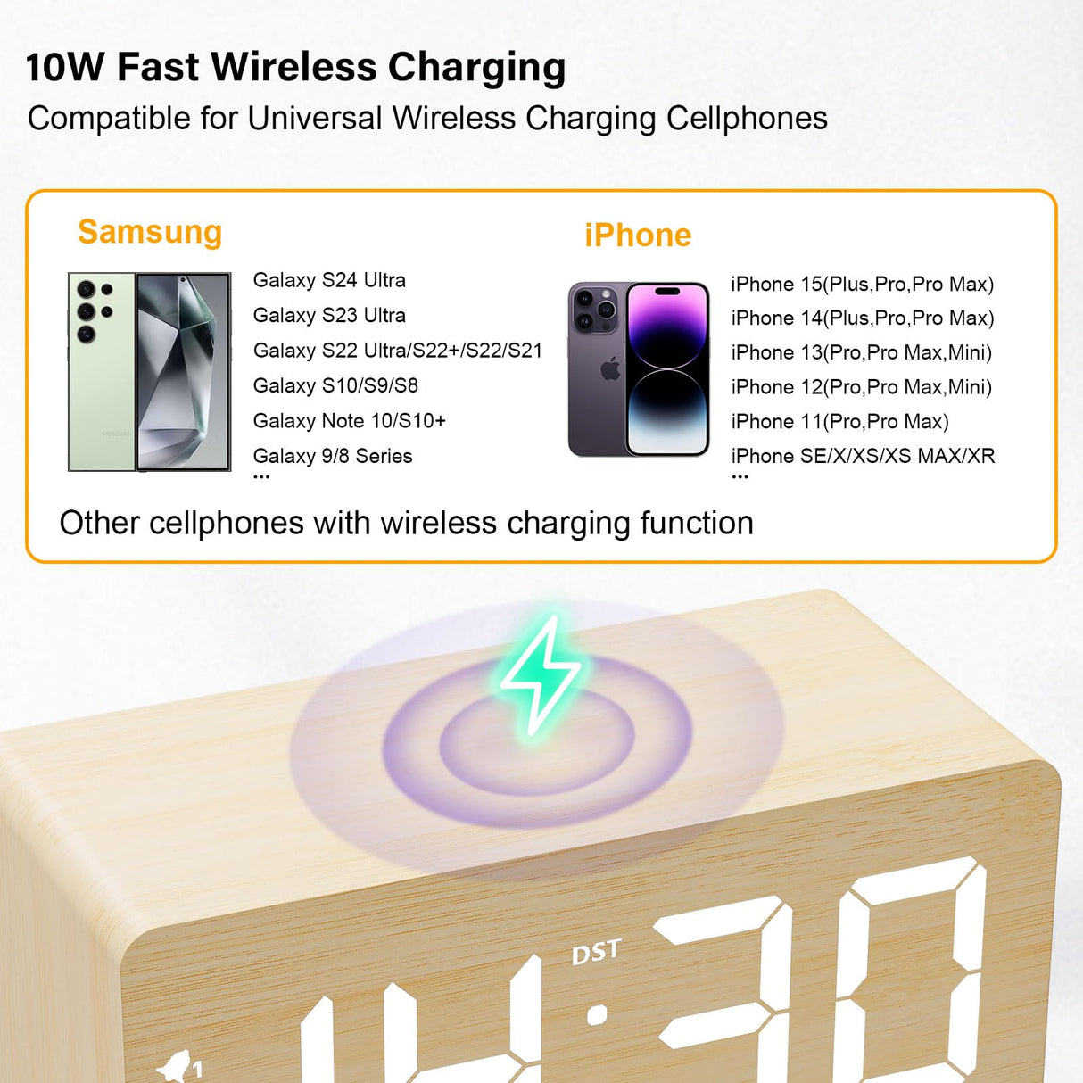 URAYCO Wood Digital Alarm Clock with 10W Fast Wireless Charger, USB Charging Ports, DST, Dimmable, Snooze, Large Number LED Display for Bedrooms, Desk, Living Room Table, Bedside, Nightstand (Bamboo) URAYCO