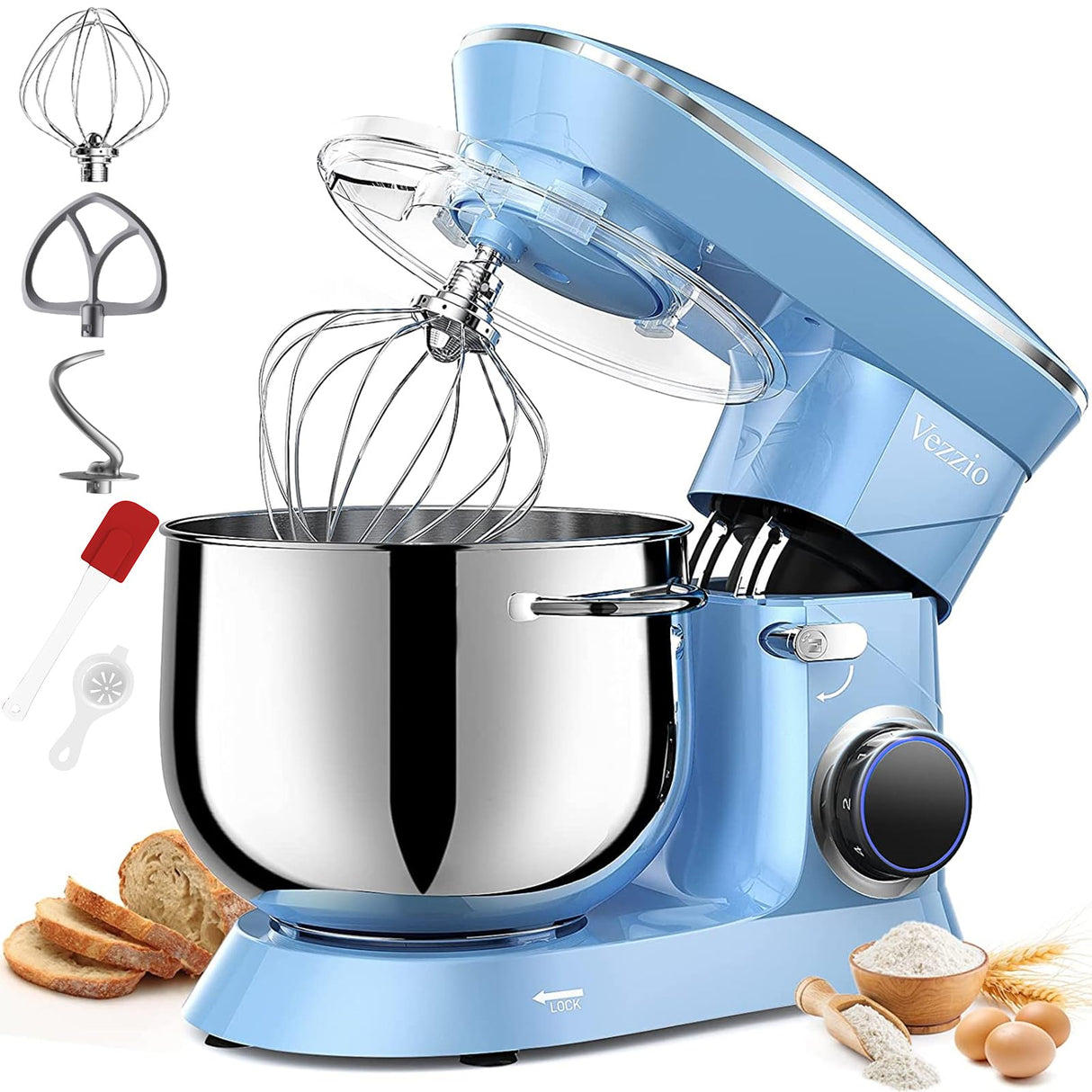 9.5 Qt Stand Mixer, 10-Speed Tilt-Head Food Mixer, Vezzio 660W Kitchen Electric Mixer with Stainless Steel Bowl, Dishwasher-Safe Attachments for Most Home Cooks(Blue) Vezzio