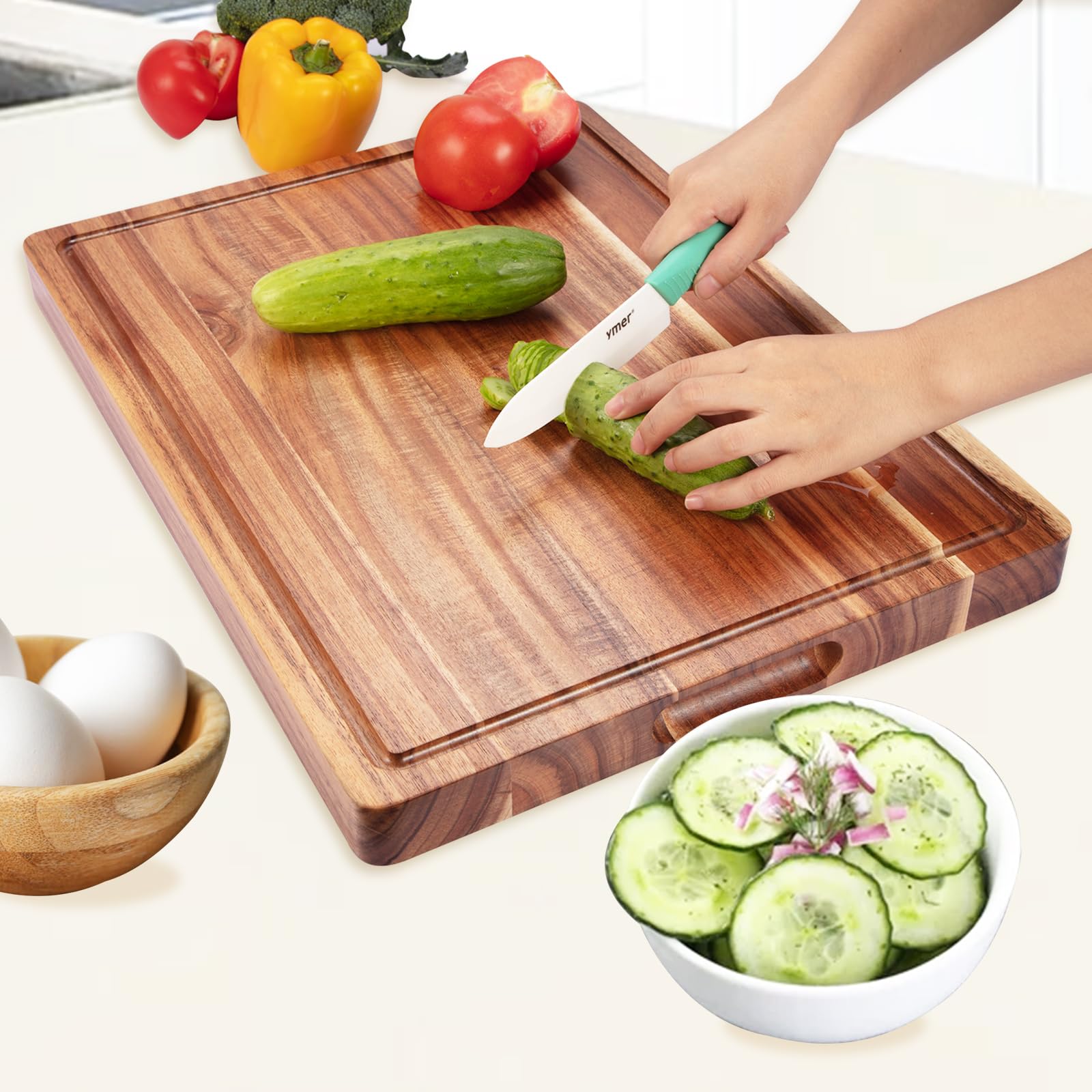 20 Inch Large Acacia Wood Cutting Board 1.5" Thick, Reversible Wooden Cutting Board for Kitchen, Charcuterie Board Cheese Board with Deep Groove, - WoodArtSupply