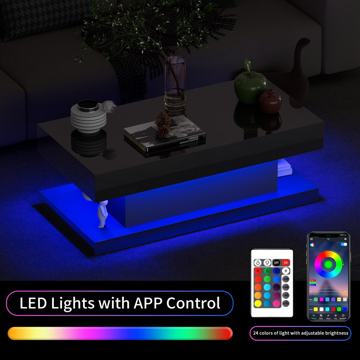 Black Coffee Table with LED Lights – 47.3" Modern Coffee Table with Hidden Storage & Sliding Top – Smart Living Room Table with High Gloss Finish GOFEI